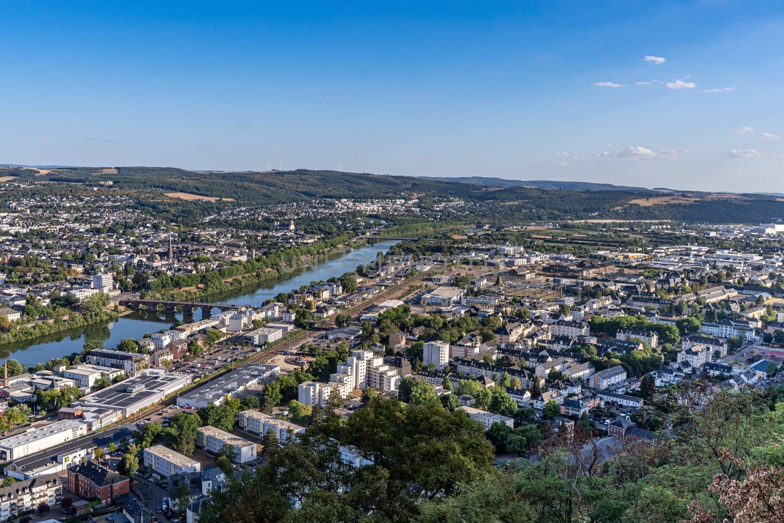 Trier, Moselle Valley, Mary's Column, sunshine, panorama, city view, Germany, Rhineland-Palatinate, landscape, architecture, sky, cloudless, summer, tourism, destination, sight, history, culture, vantage point, nature, mountain view, relaxation, leisure activity, photography, postcard, city, view, landscape, panorama, sky, architecture, travelling, river, europe, site image, building, summer, cloud, urban, hills, mountain
