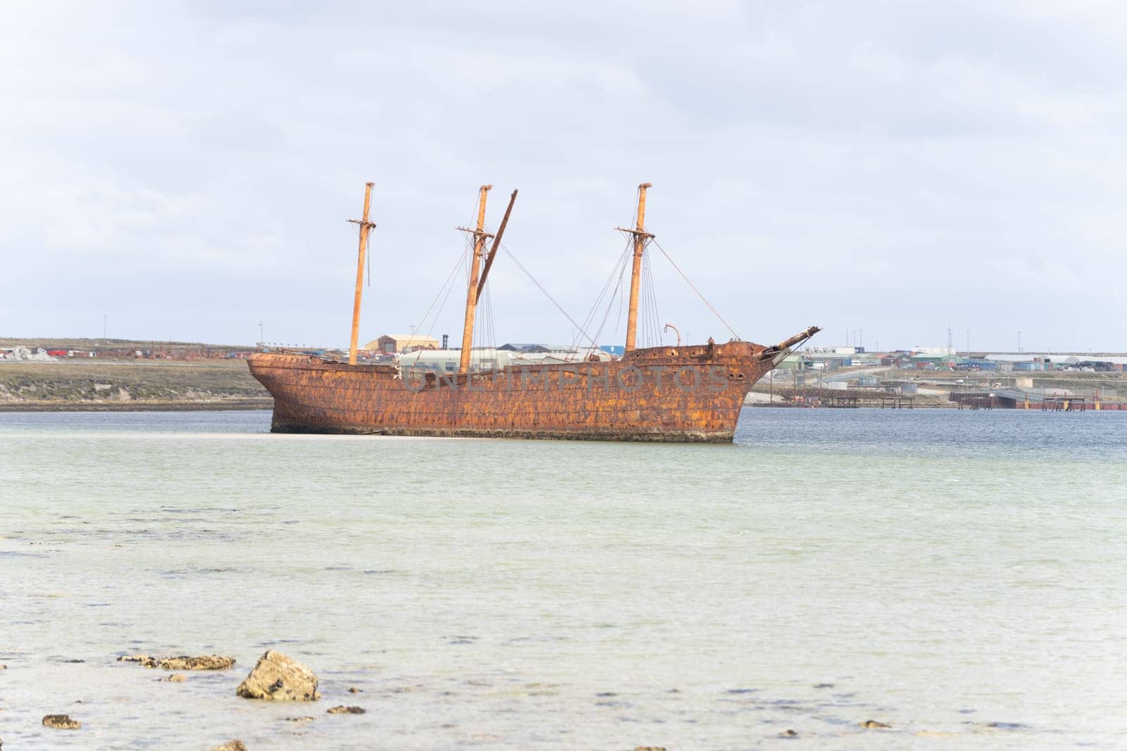 An old whaler wreck in Whalebone Cove off Stanley in the Falkland Islands. Stanley in the background