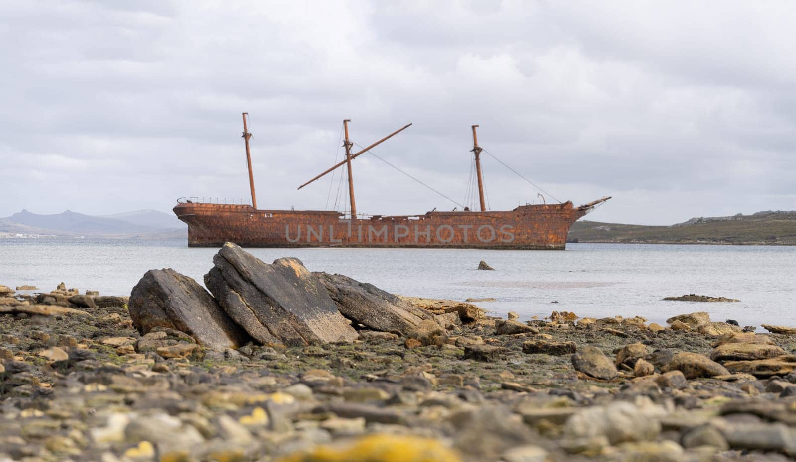 An old whaler wreck in Whalebone Cove off Stanley in the Falkland Islands. Stanley in the background