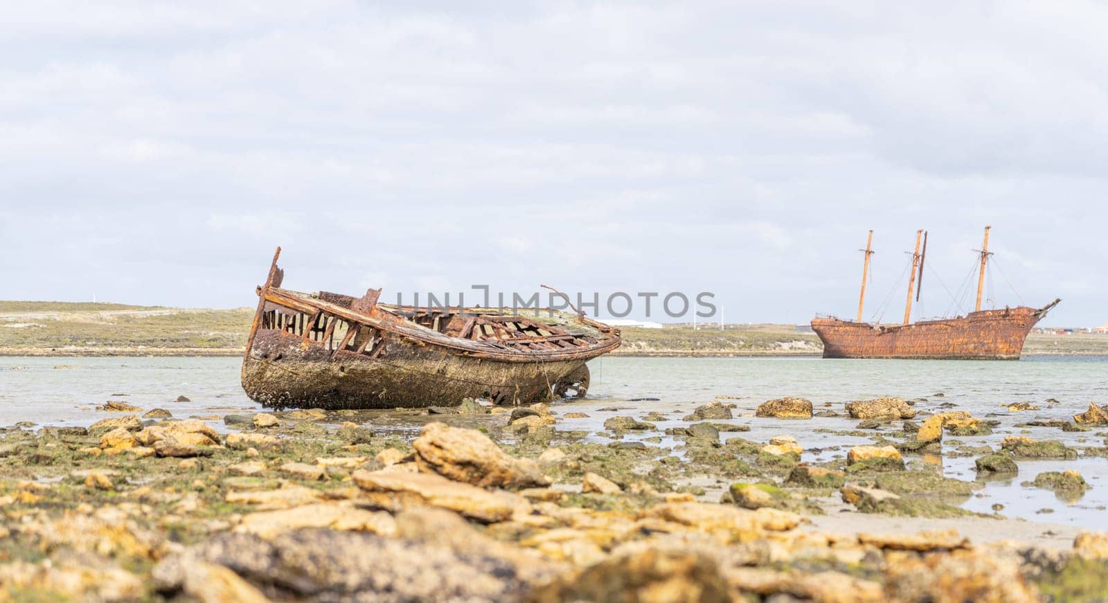 An old whaler wreck in Whalebone Cove off Stanley in the Falkland Islands. Stanley in the background