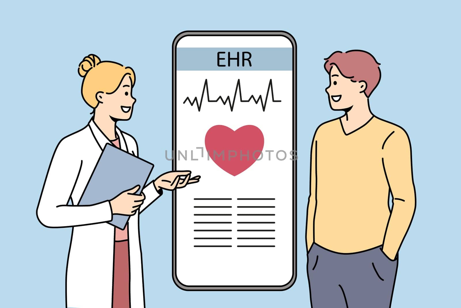 Doctor in medical uniform consult patient about EHR on cellphone screen. Female cardiologist have consultation with man about heart rate and cardiovascular disease. Vector.