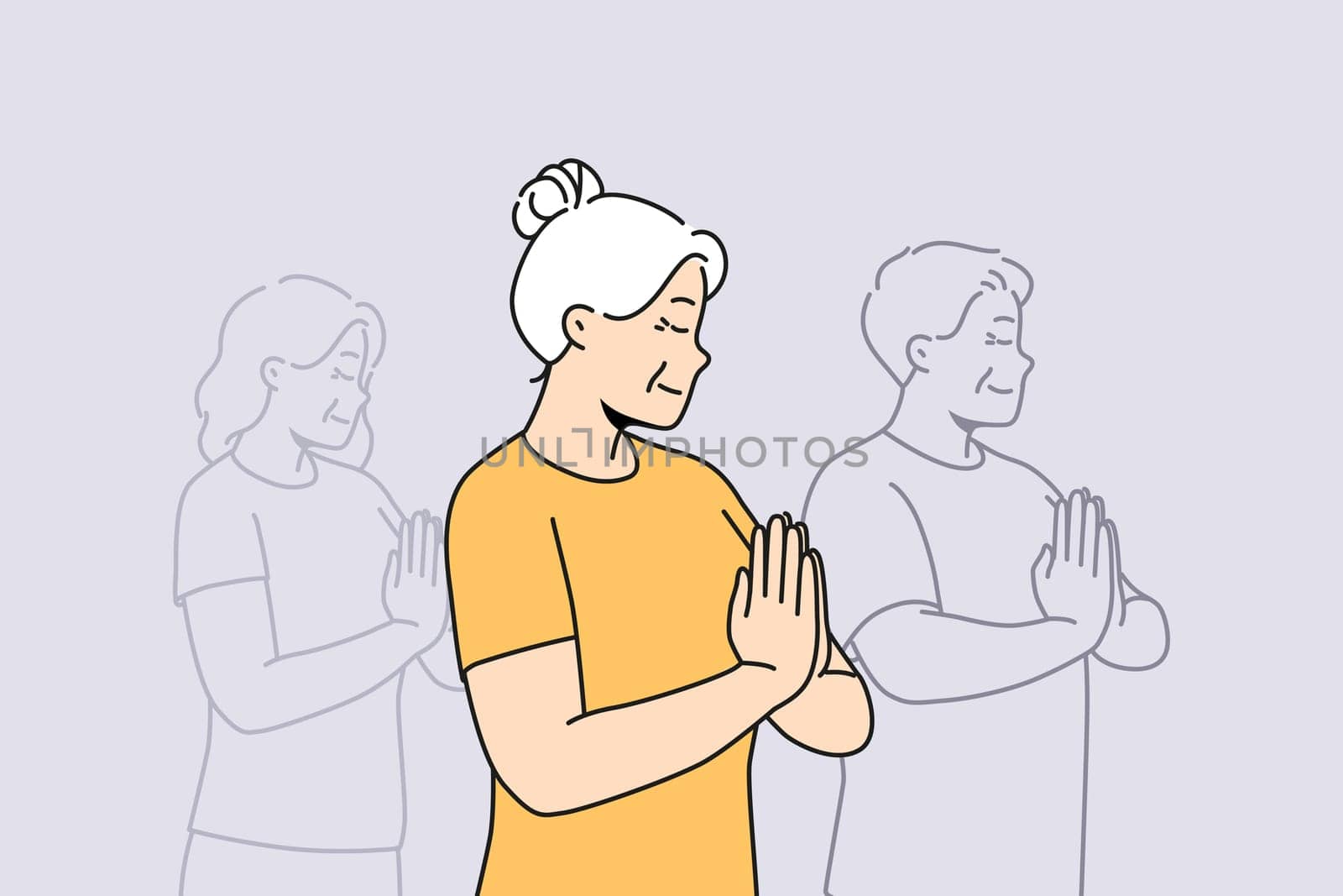 Elderly woman with prayer hands practice yoga on group classes. Happy calm old grandmother meditate follow healthy life in yoga studio. Vector illustration.
