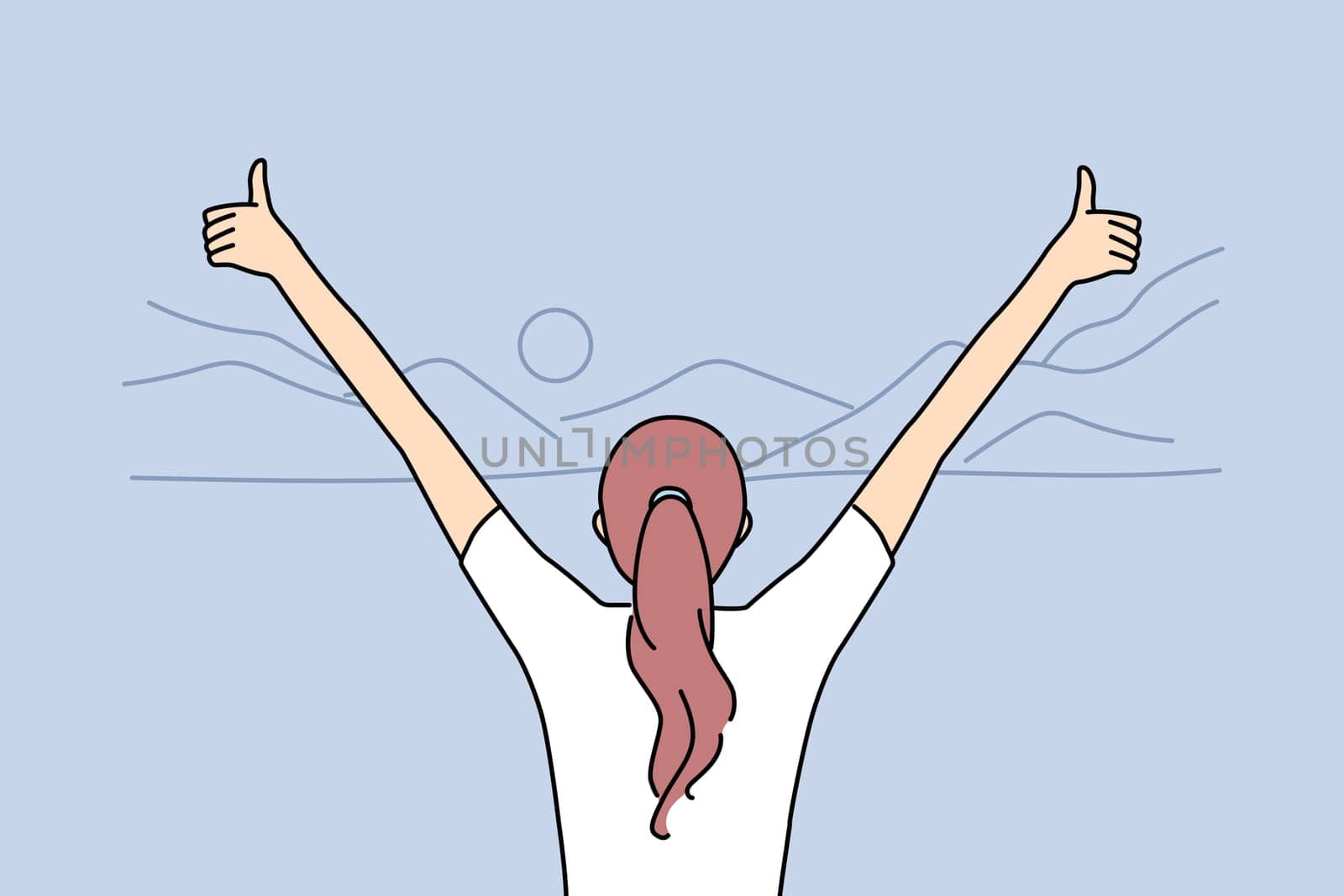 Back view of excited woman with thumbs up standing in mountains landscape enjoy life. Female with hands in air celebrate achievement or success in nature. Vector illustration.