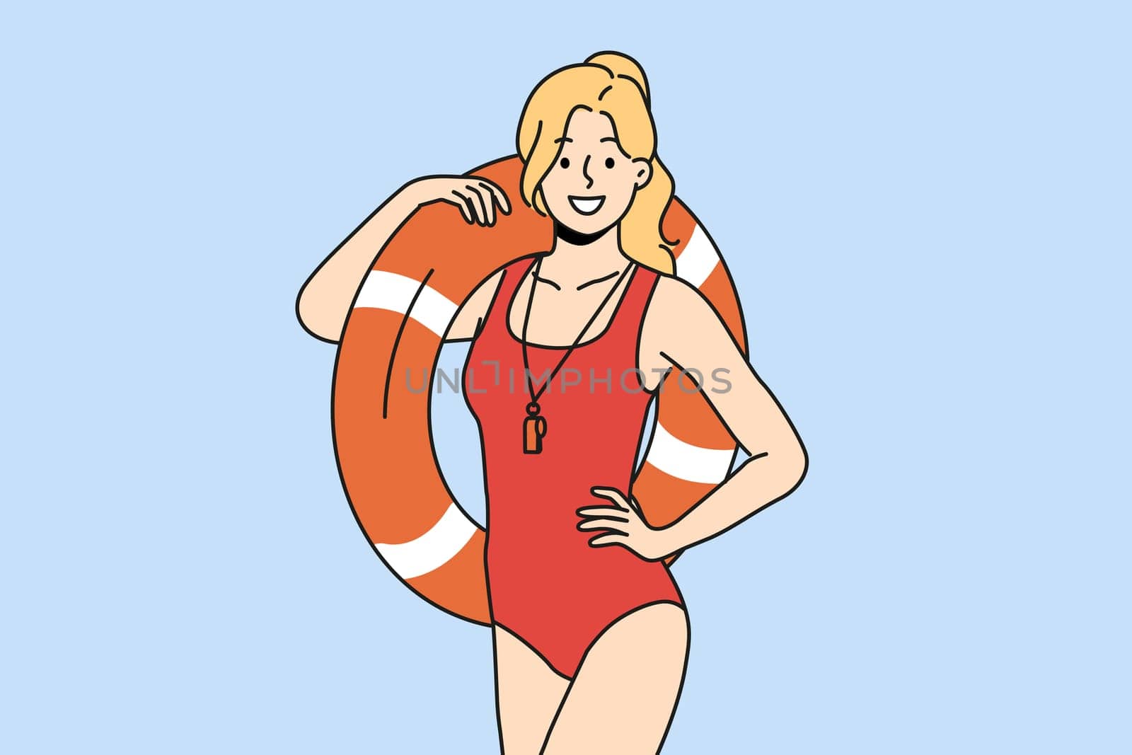 Smiling woman lifeguard in swimsuit posing with inflatable ring. Happy female guard in swimwear with lifebuoy. Vector illustration.