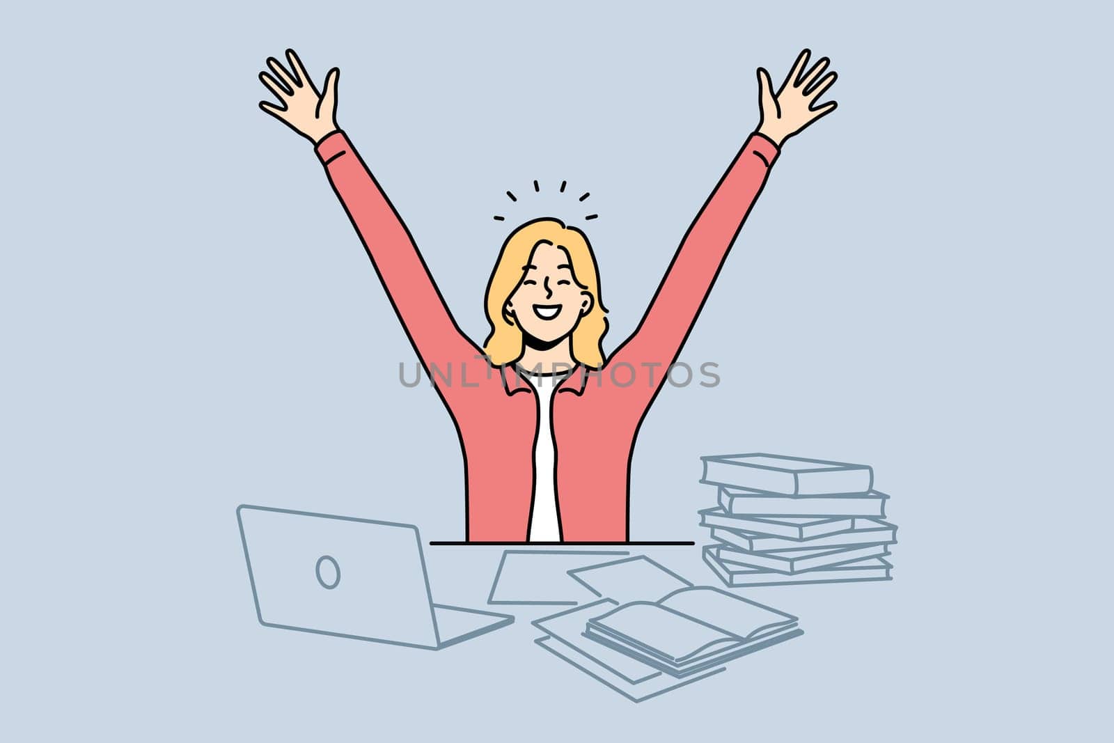 Overjoyed woman sit at table work on laptop excited with task finish. Smiling female triumph with success with computer job. Vector illustration.