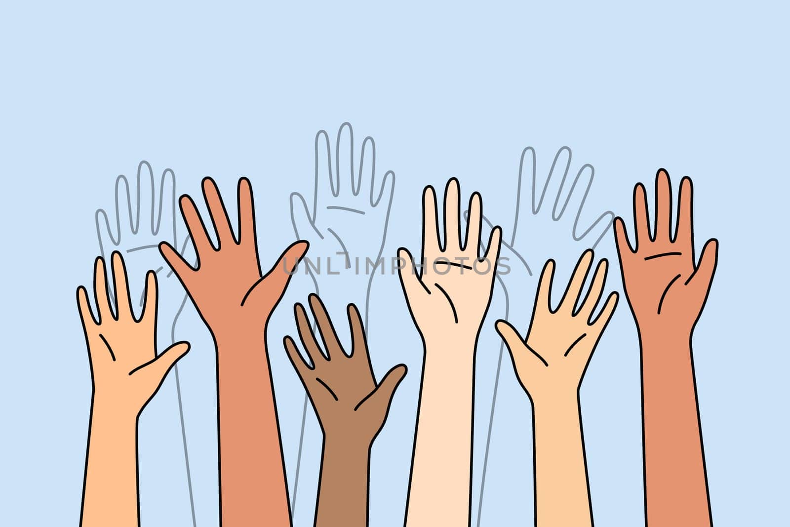 Closeup of multiracial hands raise up in air. Diverse interracial people palms rise up volunteer or vote. Vector illustration.