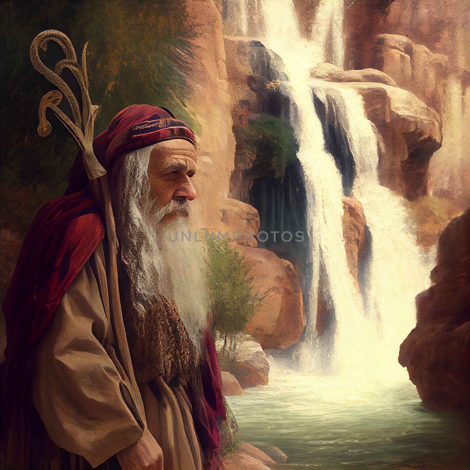 King David hiding at the cave at the Nahal David waterfall in Ein Gedi, Judean desert in Israel, generative AI