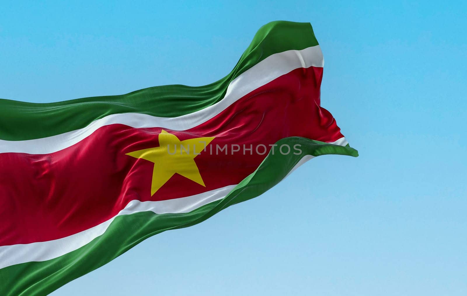 Suriname national flag waving in the wind on a clear day. 5 horizontal bands: green, white, red, white, green, yellow star in the center. 3D illustration render. Fluttering textile