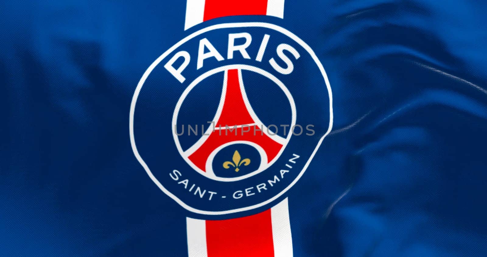 Paris, FR, march 2023: Paris Saint Germain football club waving in the wind. Paris Saint Germain is a professional football club based in Paris, France. Illustrative editorial 3d illustration render