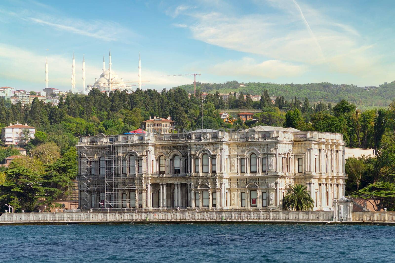 An 1865 Ottoman era Beylerbeyi Palace, located at the Asian shore Bosphorus strait north of Bosphorus Bridge, Istanbul, Turkey, in a summer day