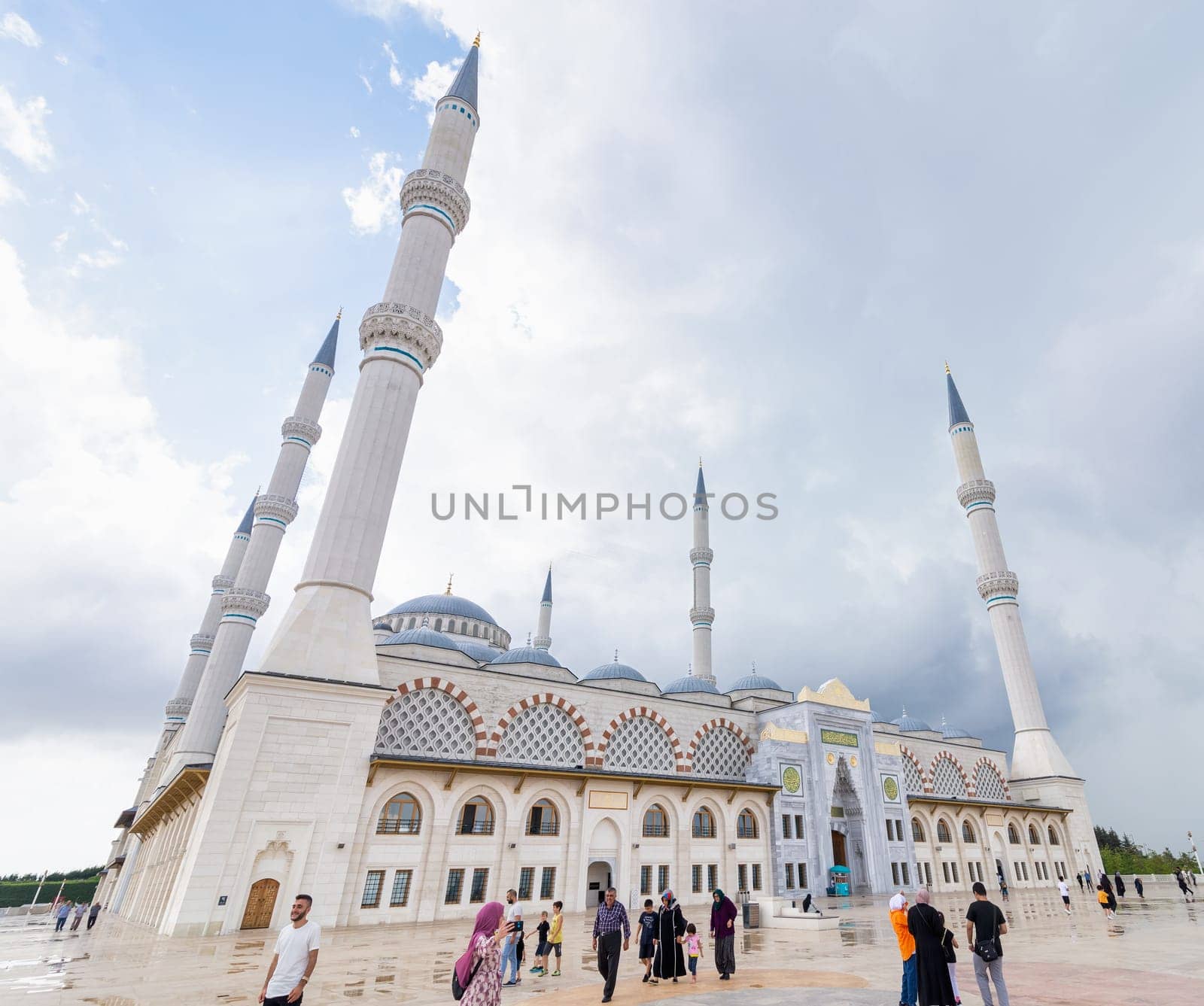 Istanbul, Turkey - August 31, 2022: Low angle side shot of Grand Camlia Mosque, or Buyuk Camlica Camii, a modern complex for Islamic worship, built in 2019, located in Camlica hill in Uskudar district