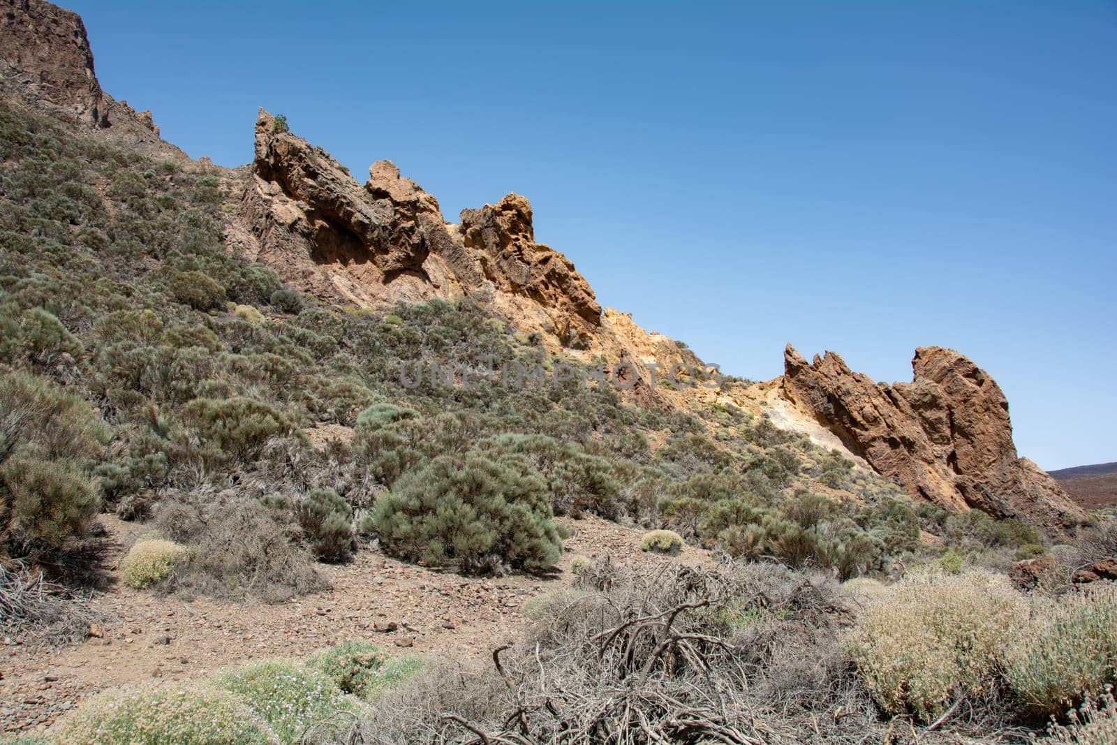Gigantic rocks in the volcanic landscape in El Teide National Park on the Canary Island of Tenerife, Spain