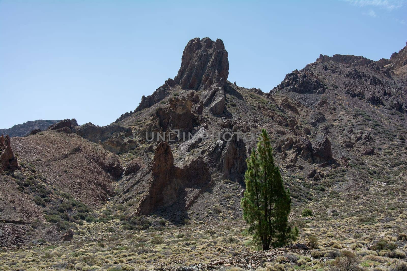 Gigantic rocks in the volcanic landscape in El Teide National Park on the Canary Island of Tenerife, Spain