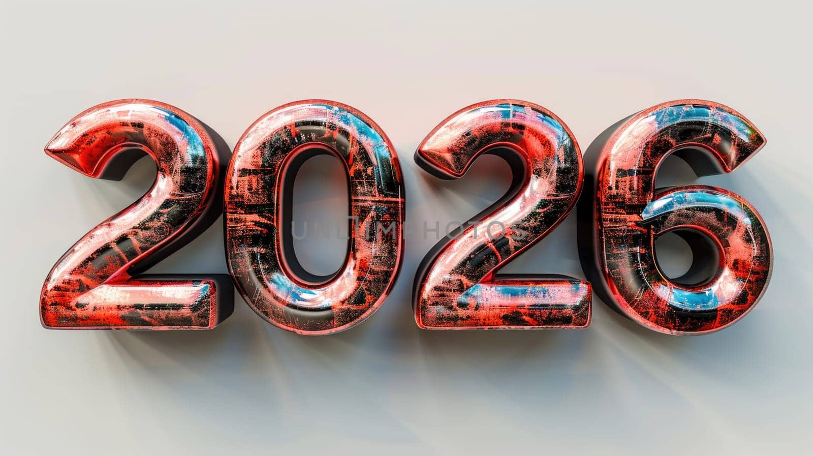 Large, shiny numbers representing the year 2026 stand prominently against a light background, reflecting vibrant colors. Ideal for New Year celebrations and events.