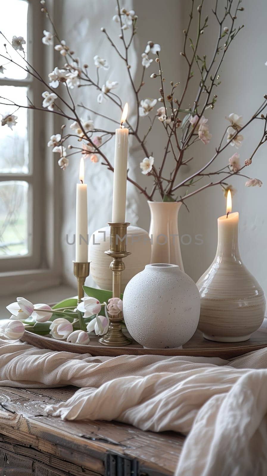 Soft natural light fills the room highlighting a serene spring arrangement with candles, vases, and blooming branches. Tulips complete the tranquil decor setting.