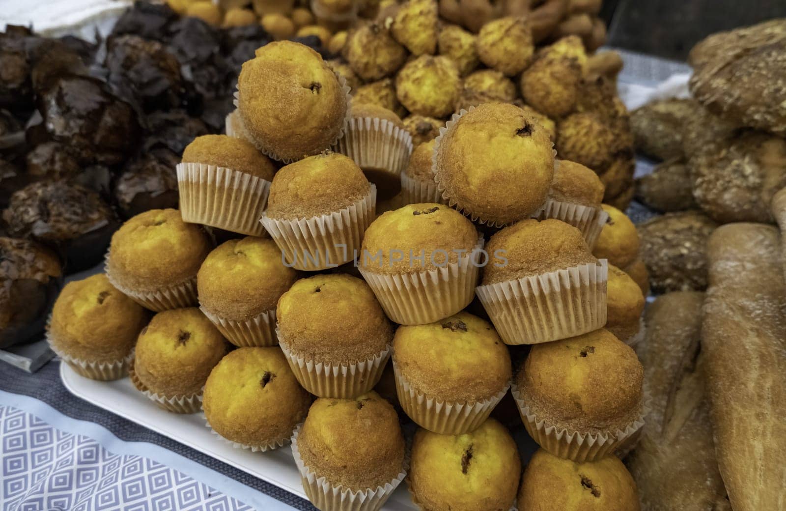 Detail of sweet dessert in an old street market, unhealthy food