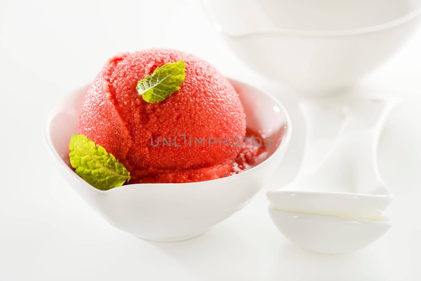 Fresh fruit sorbet in white bowl close up shoot