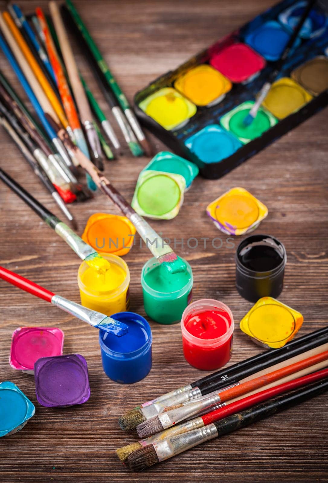 Different used brushes, colours and watercolours