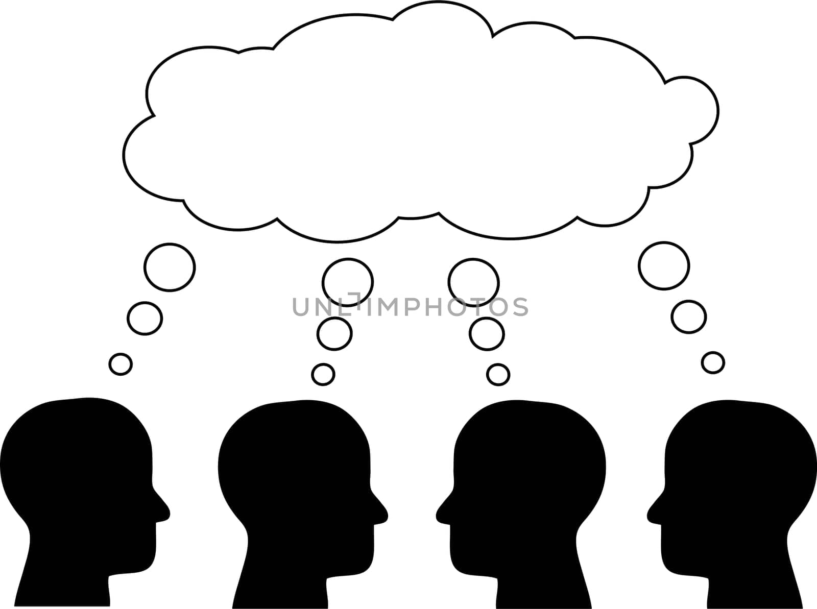 Think tank, several heads thinking about the same through the bubble. Vector.
