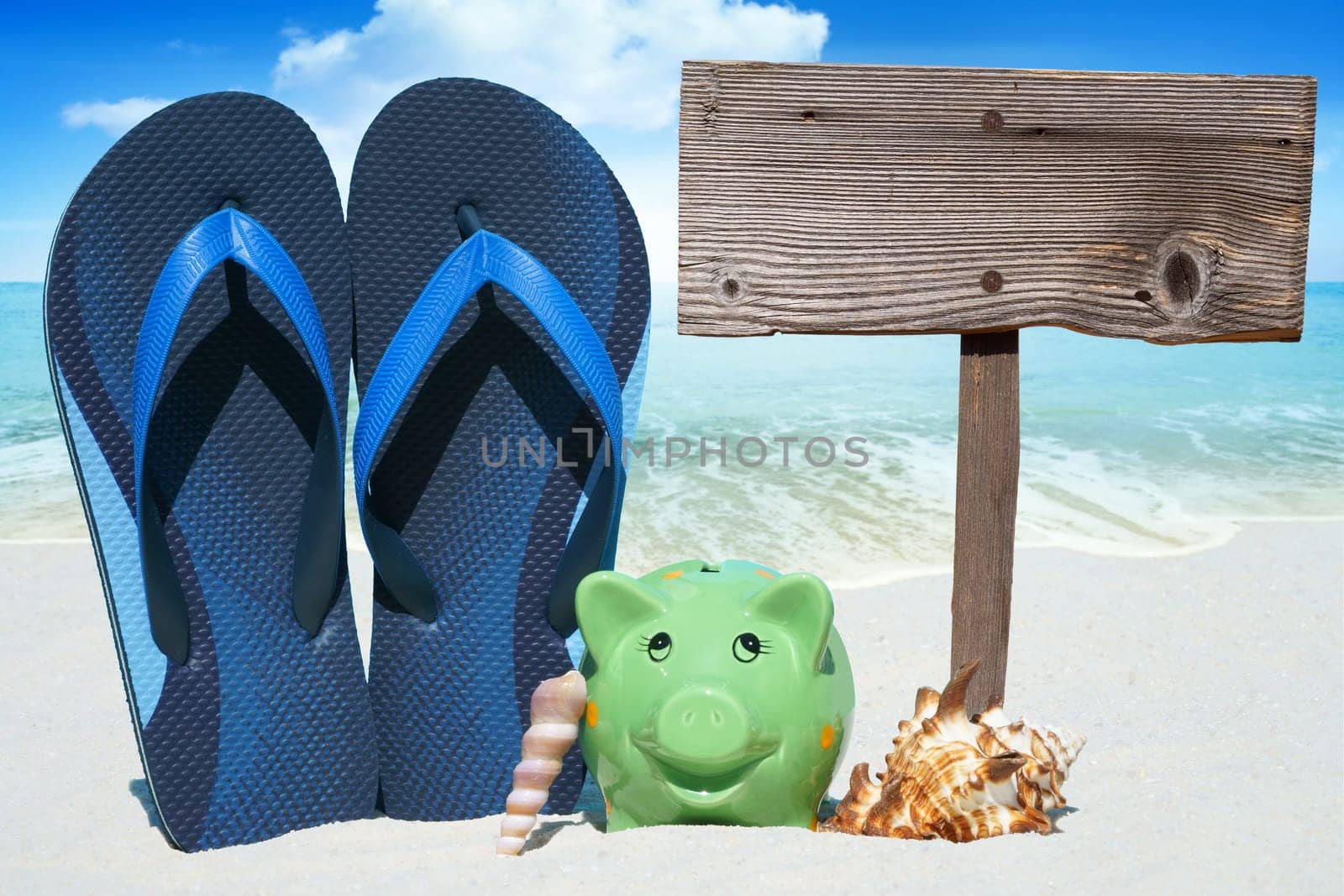 Piggy bank,flips flops and empty wooden sign on the beach