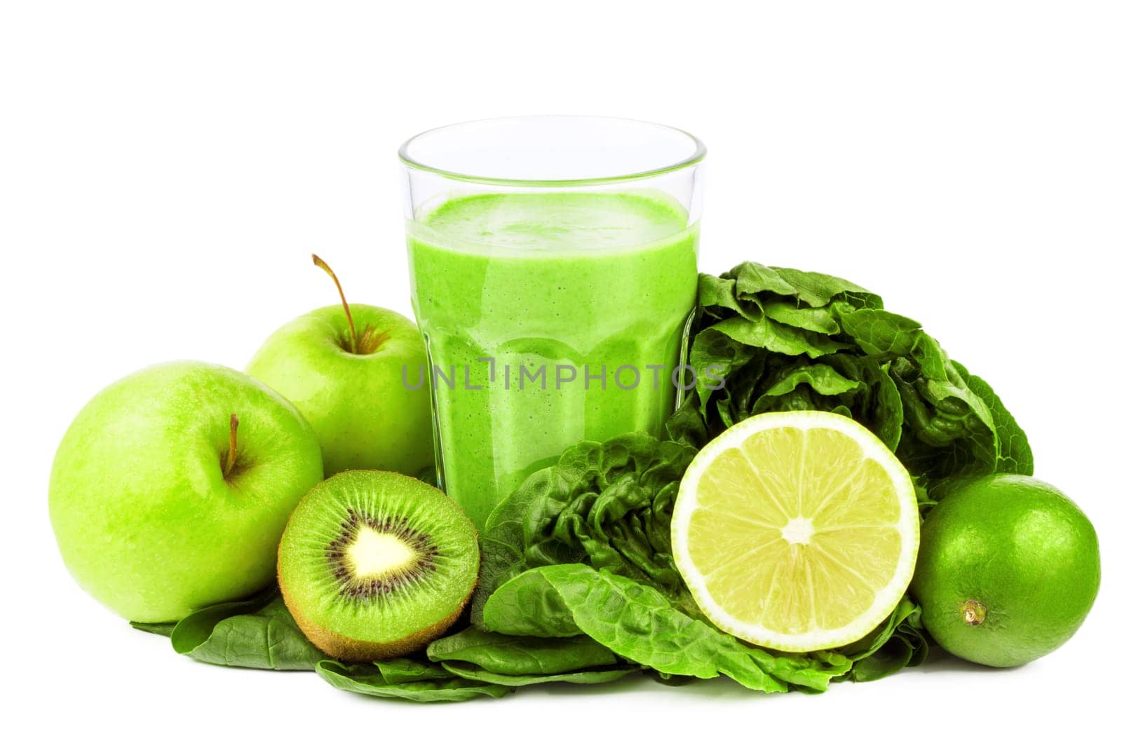 Green smoothie with fruit and vegetables on a white background