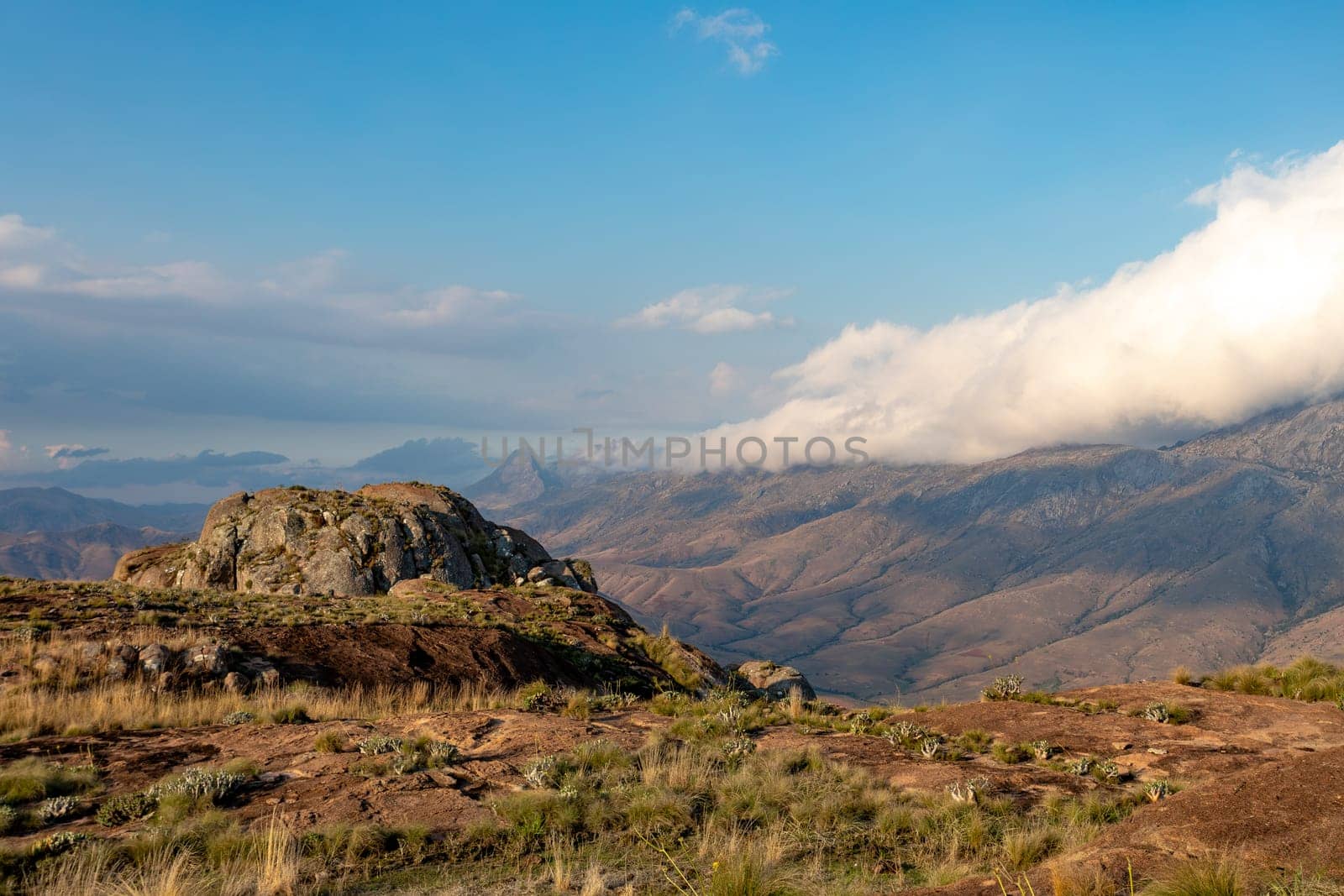 Andringitra national park, Haute Matsiatra region, Madagascar, beautiful mountain landscape with river in valley. Hiking in Andringitra mountains. Sunny day. Madagascar wilderness mountain landscape.