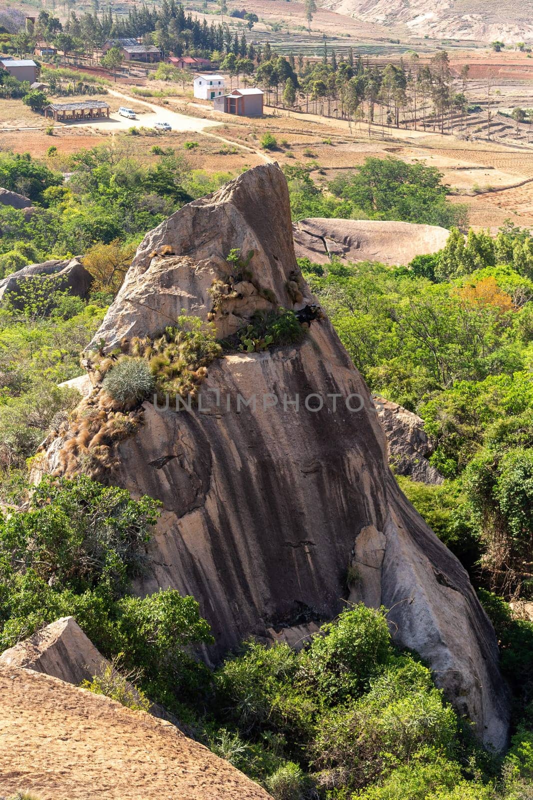 Stunning mountain landscape in the Anja Community Reserve, Madagascar, with vibrant flora and fauna. Nature, travel, adventure, outdoors, hiking, biodiversity. Madagascar wilderness mountain landscape