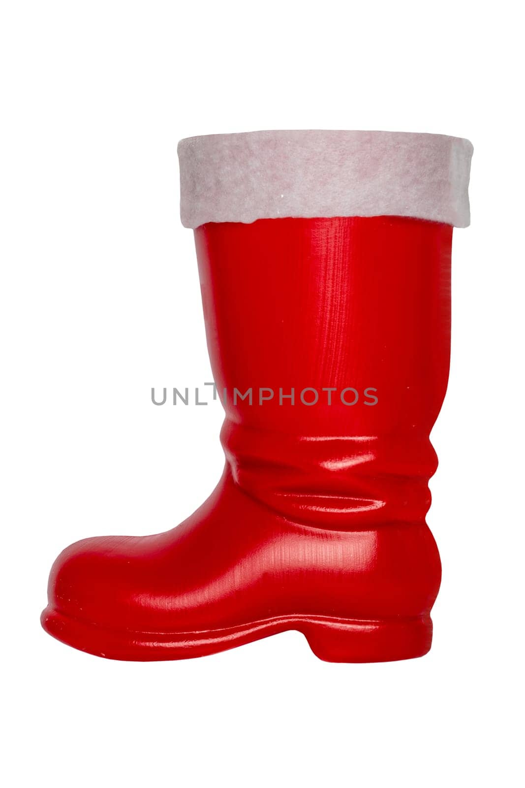Christmas decorations. Red Christmas boot or Santa Claus boots isolated on a white background. Clipping path.