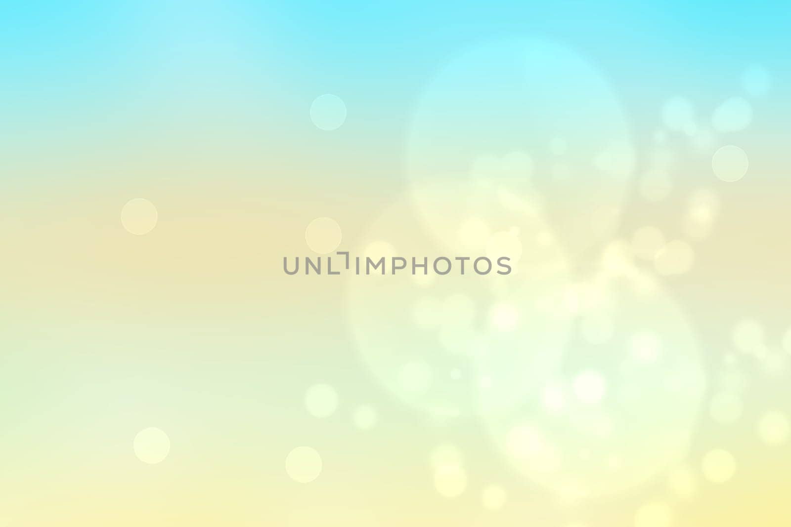 Abstract blurred fresh vivid spring summer light delicate blue yellow white bokeh background texture with bright circular soft color lights. Beautiful backdrop illustration. Space.