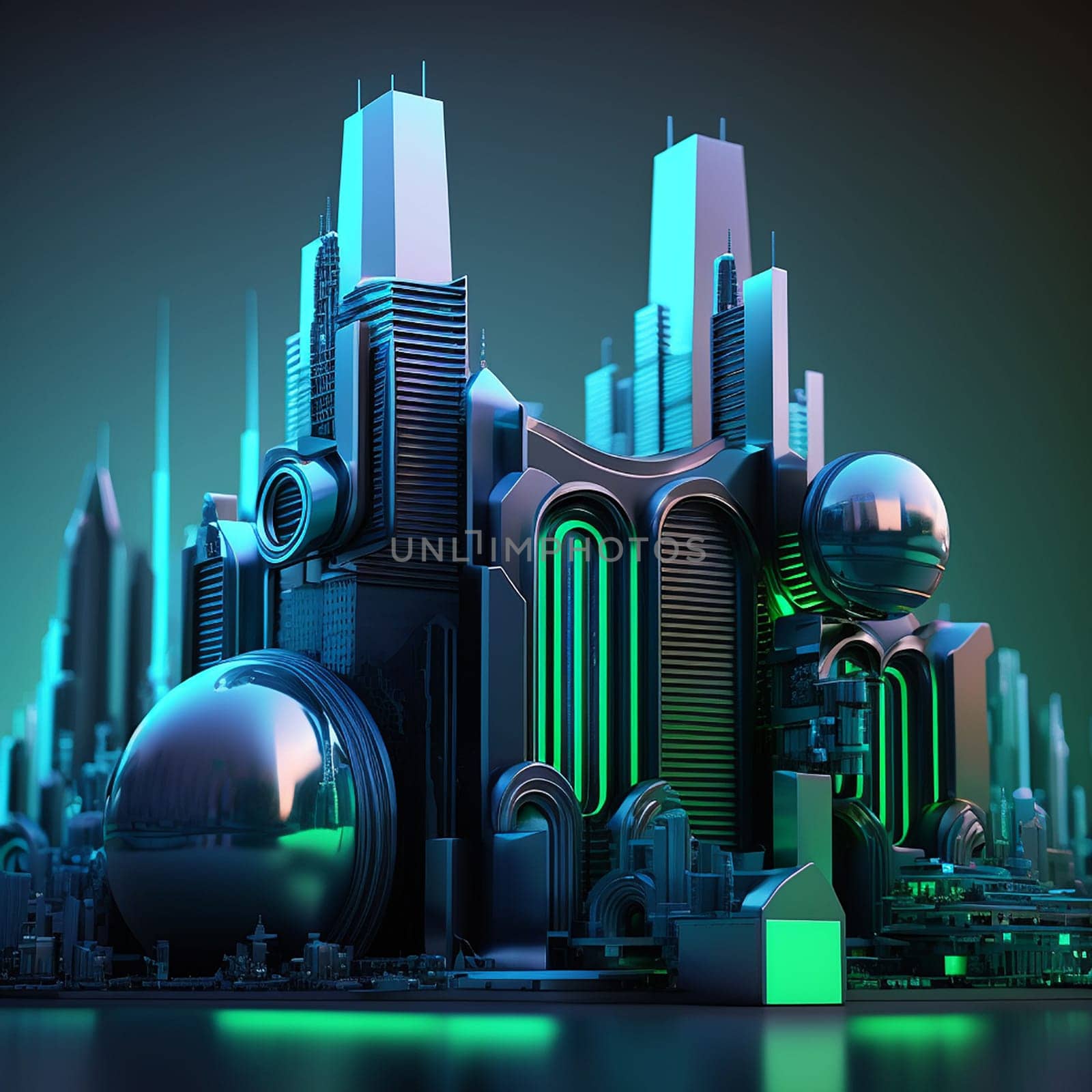 Futuristic cityscape with sleek, metallic buildings and high-tech gadgets in the foreground . AI Generative