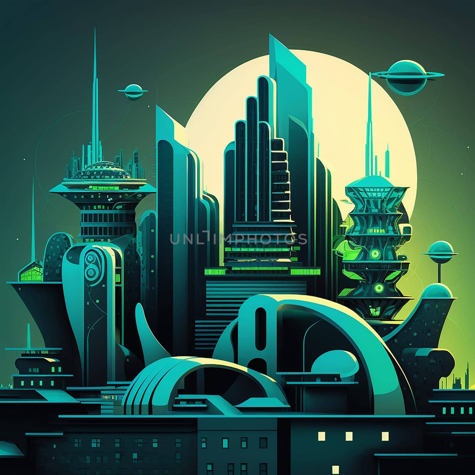 Futuristic cityscape with sleek, metallic buildings and high-tech gadgets in the foreground . AI Generative