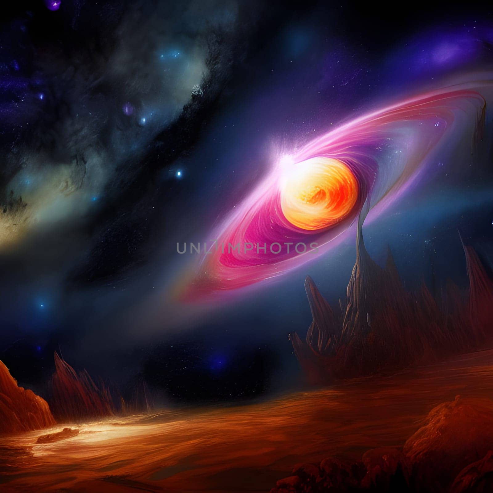 Fantasy planet with surface on foreground, mountains and night sky with stars and planets on background . AI Generative