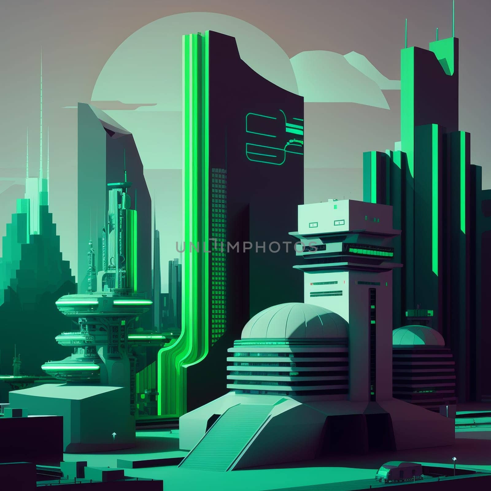 Futuristic cityscape with sleek, metallic buildings and high-tech gadgets in the foreground . AI Generative