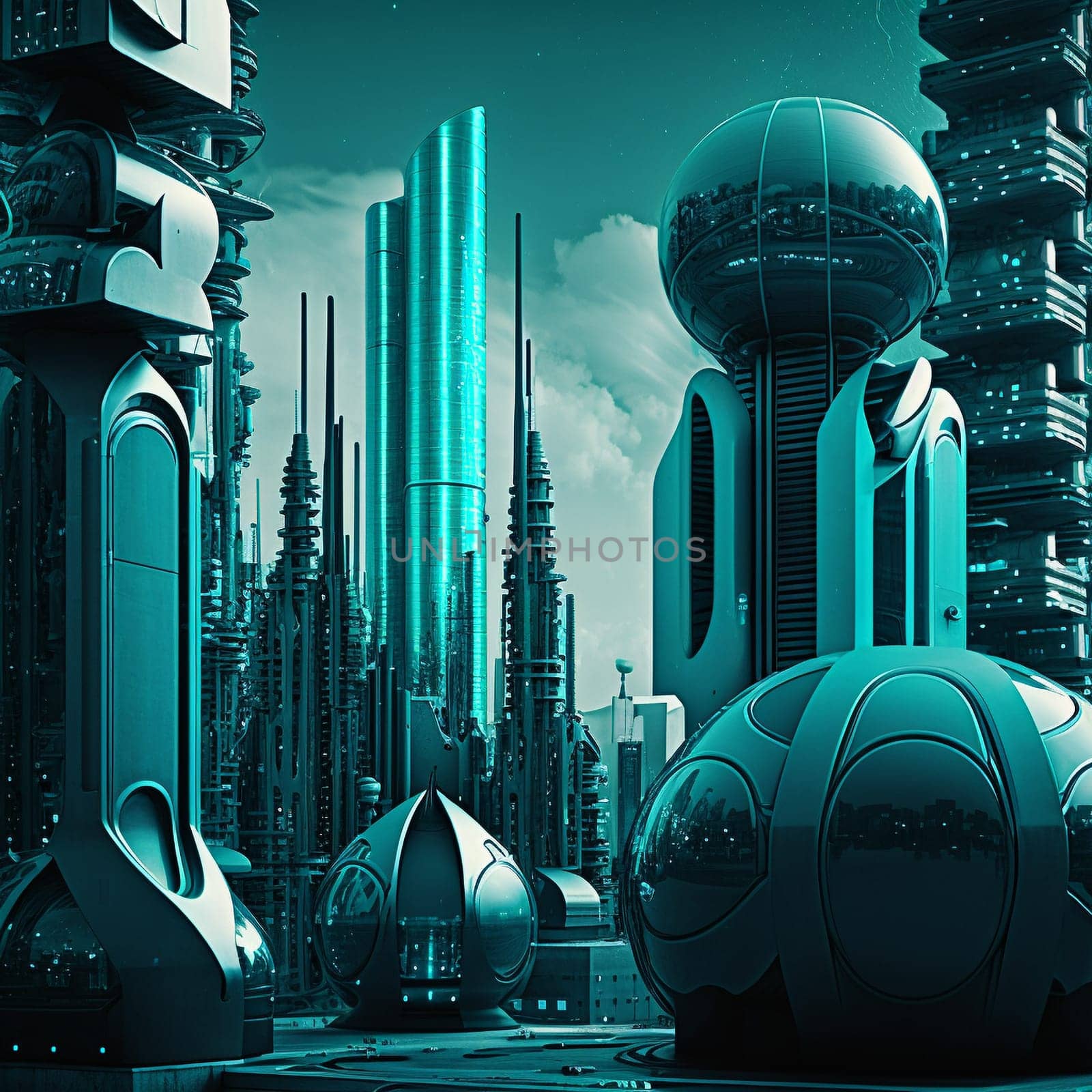 Futuristic cityscape with sleek, metallic buildings and high-tech gadgets in the foreground . AI Generative