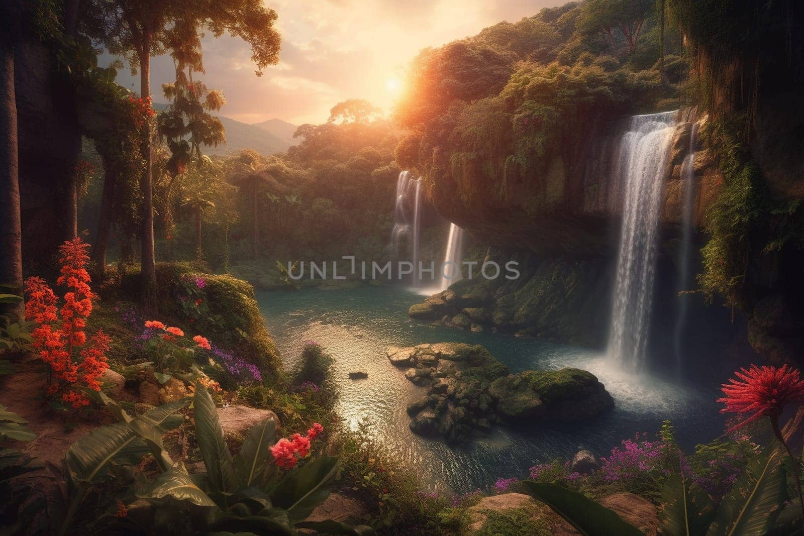 Fantasy landscape with waterfalls, flowers and tropical plants on foreground, at sunset. Generative AI