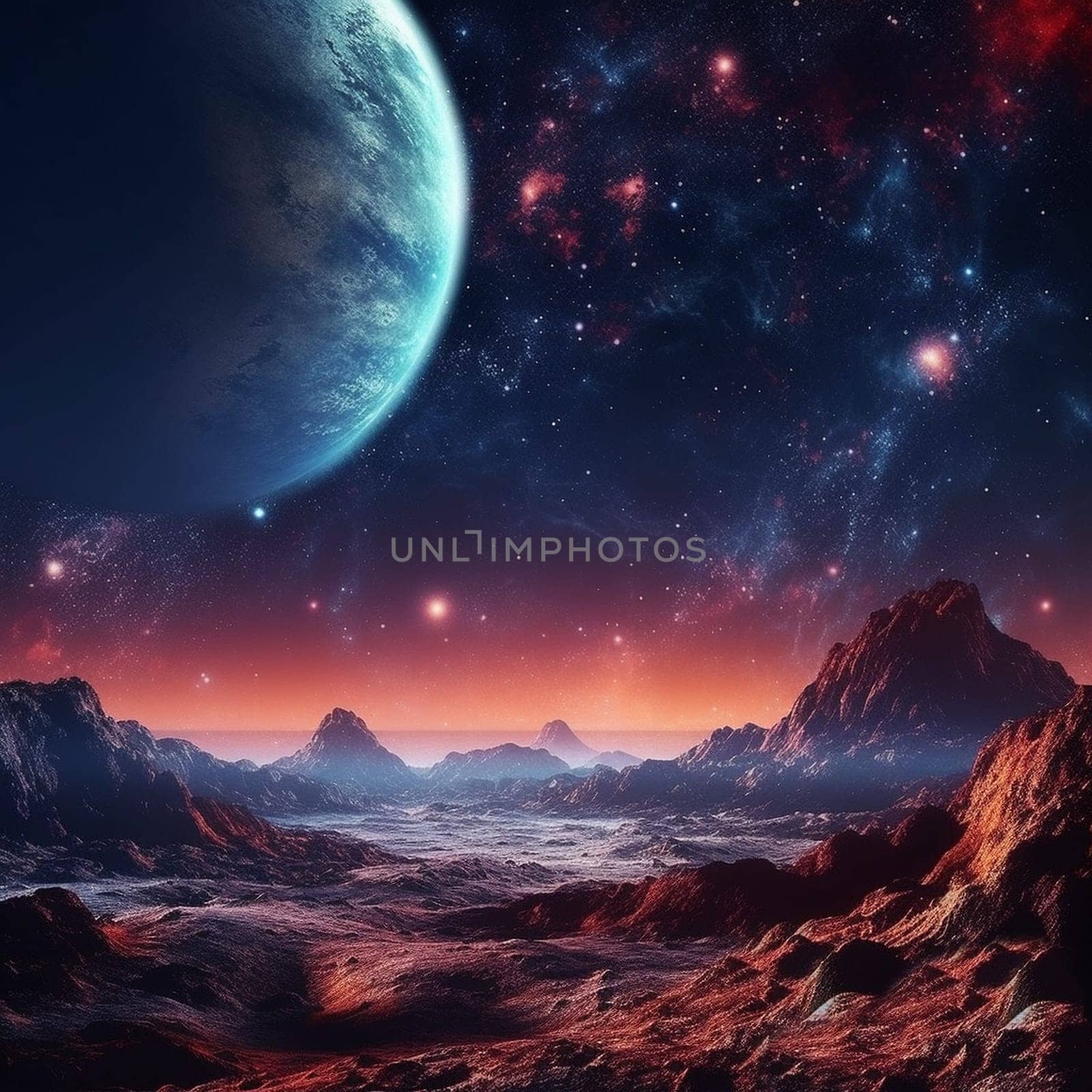 Fantasy planet with surface on foreground, mountains and night sky with stars and planets on background . AI Generative