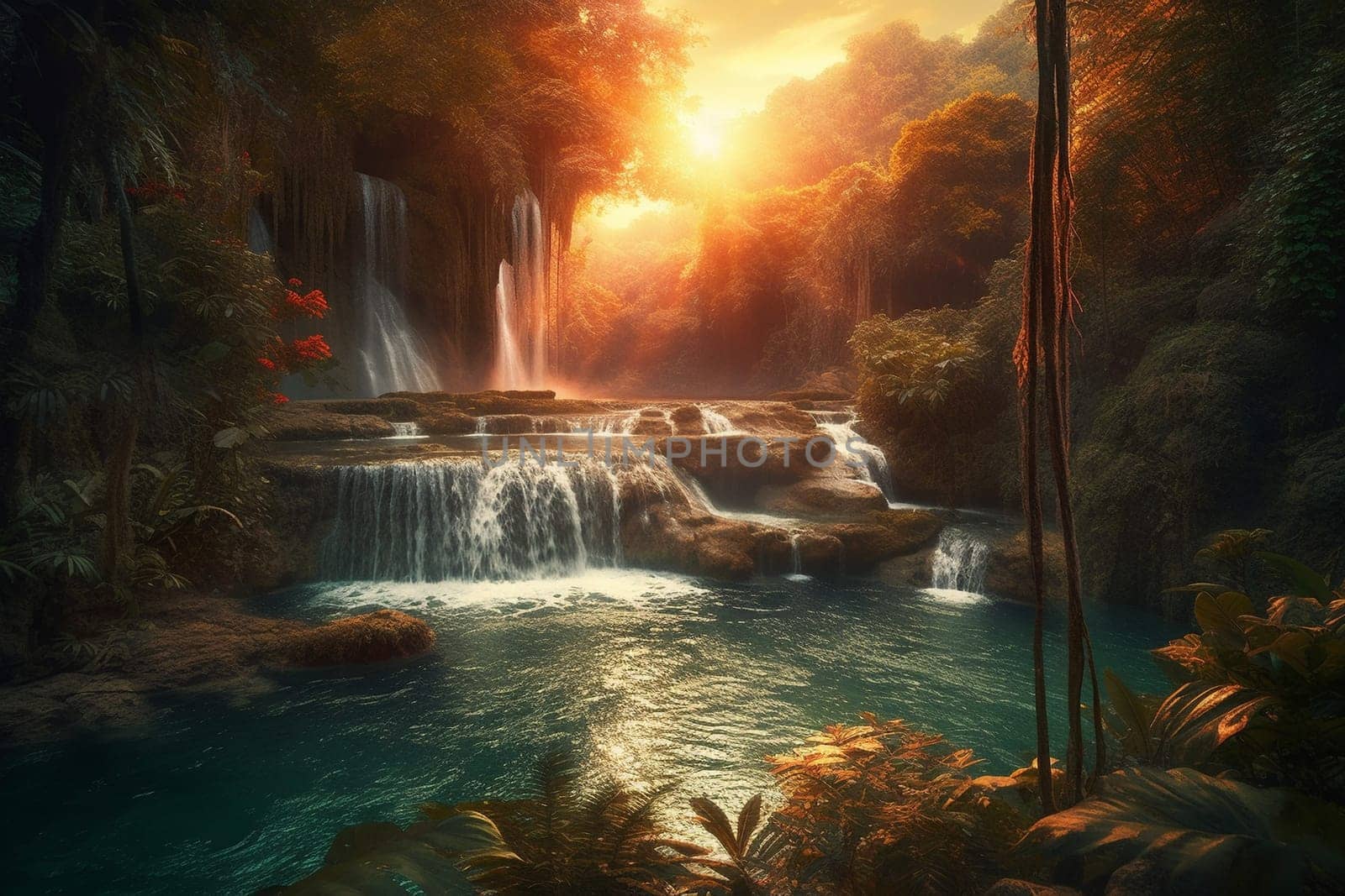 Fantasy landscape with waterfalls, flowers and tropical plants on foreground, at sunset. Generative AI