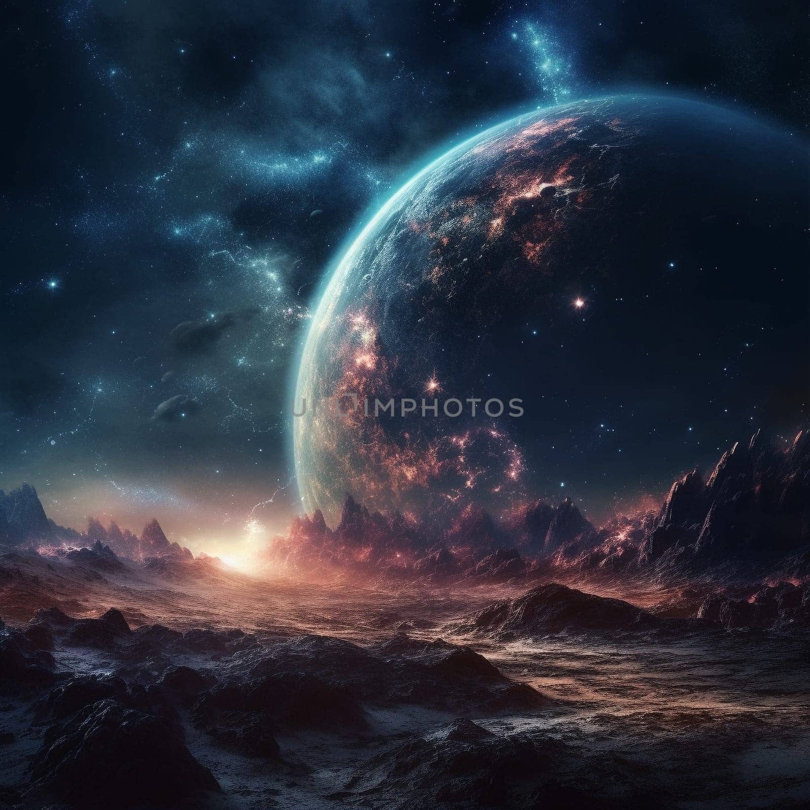 Fantasy planet with surface on foreground, mountains and night sky with stars and planets on background . AI Generative