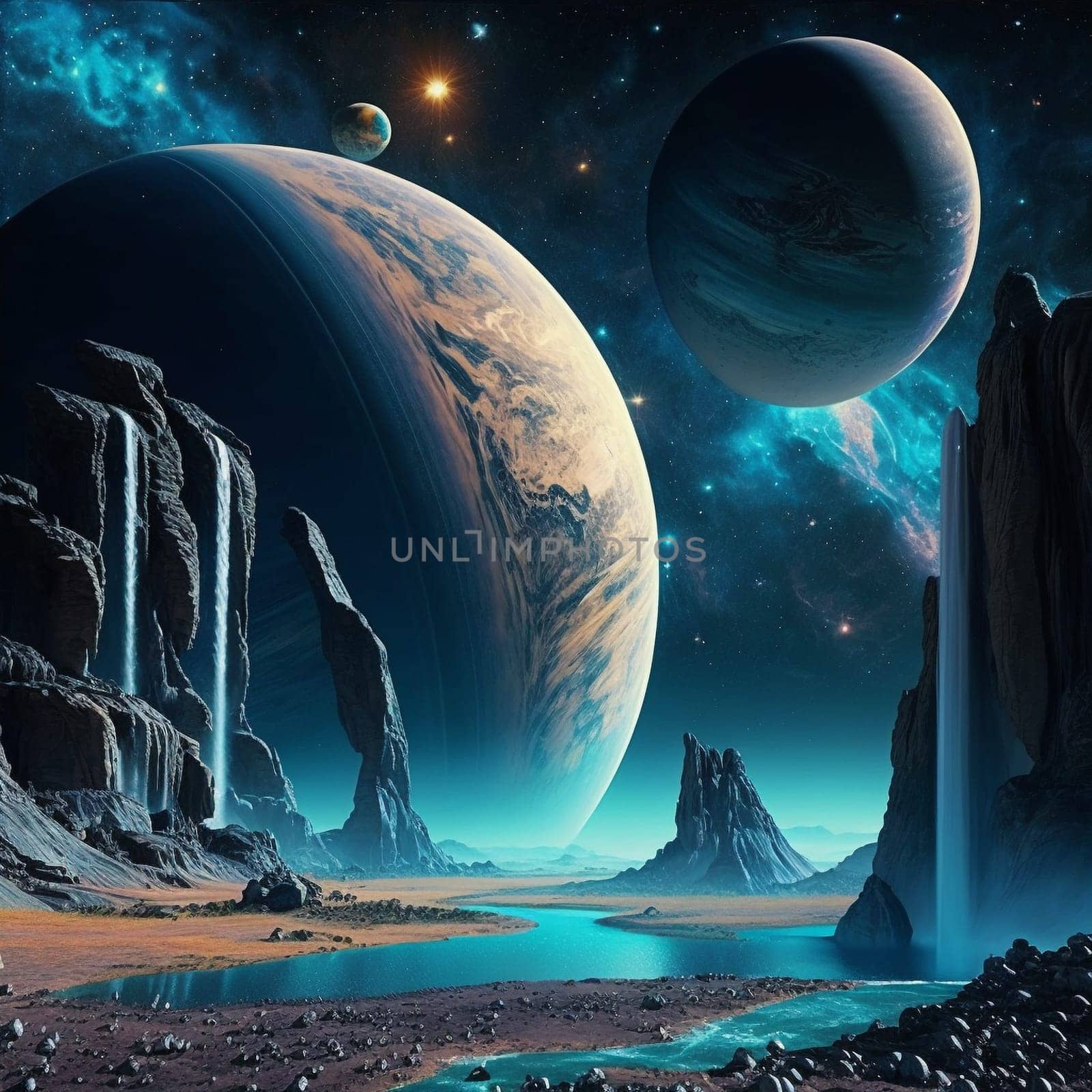 Fantasy planet with river and waterfalls on foreground, night sky with stars and planets on background . AI Generative