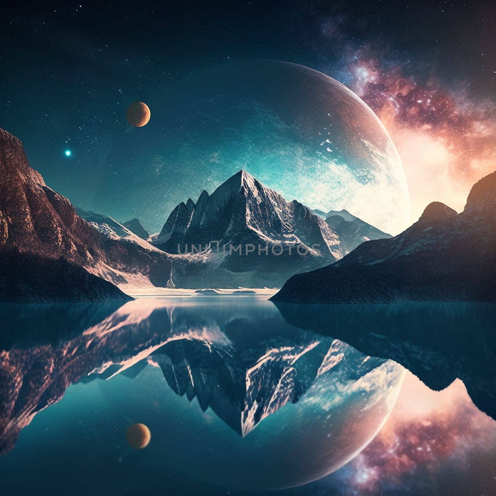 Fantasy planet with lake on foreground, mountains and night sky with stars and planets on background . AI Generative
