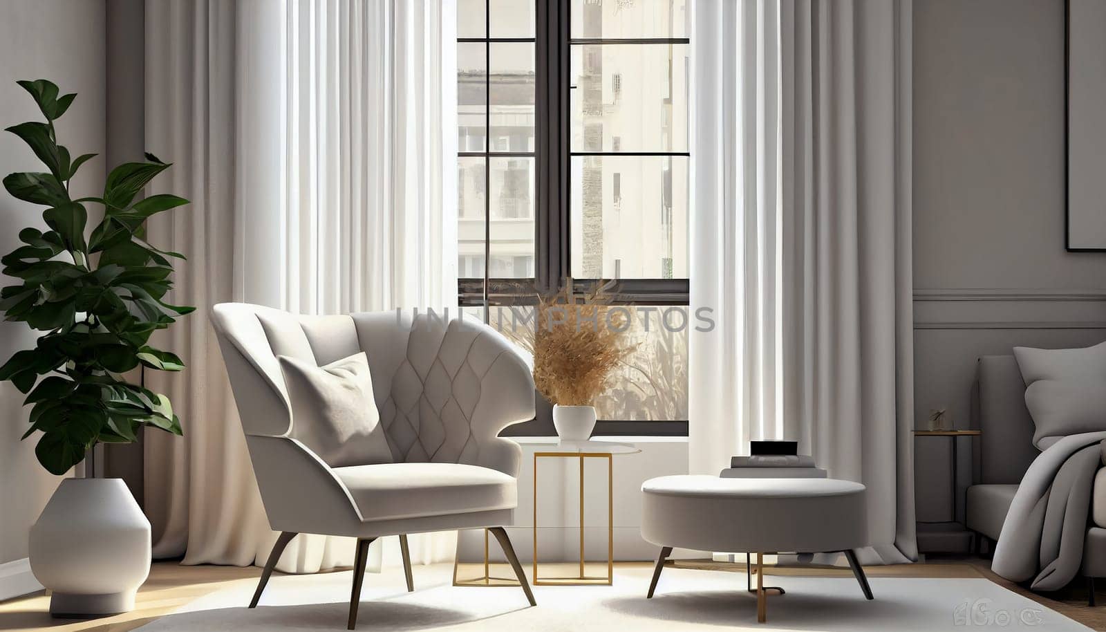Modern stylish interior design with armchair sofa furniture in living room at home, lifestyle living room design, empty nobody, 3D render illustration by Generative AI