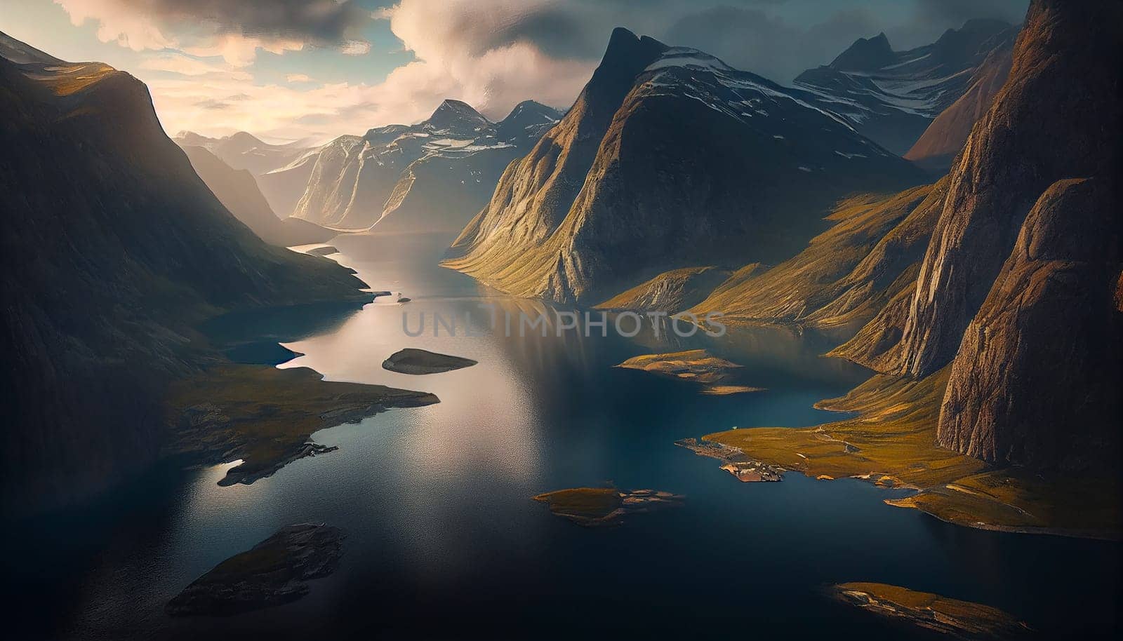 Beautiful landscape with high mountains and lagoon water with sunlight golden sunrise, nature, Generative AI