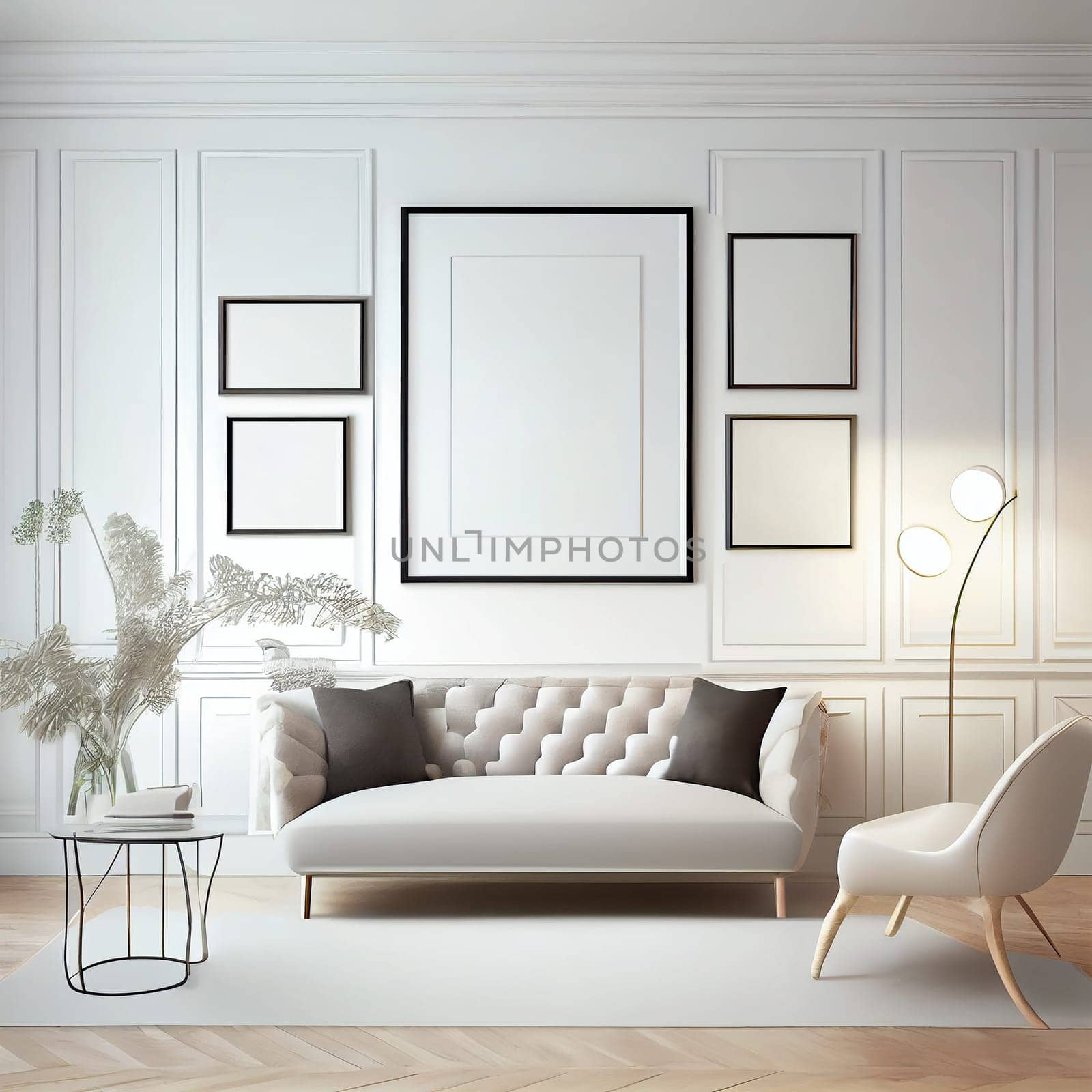 Modern interior design cozy with armchair sofa in living room with and mock up poster frame in white wall at home, lifestyle living room design, empty nobody, 3D render illustration by Generative AI