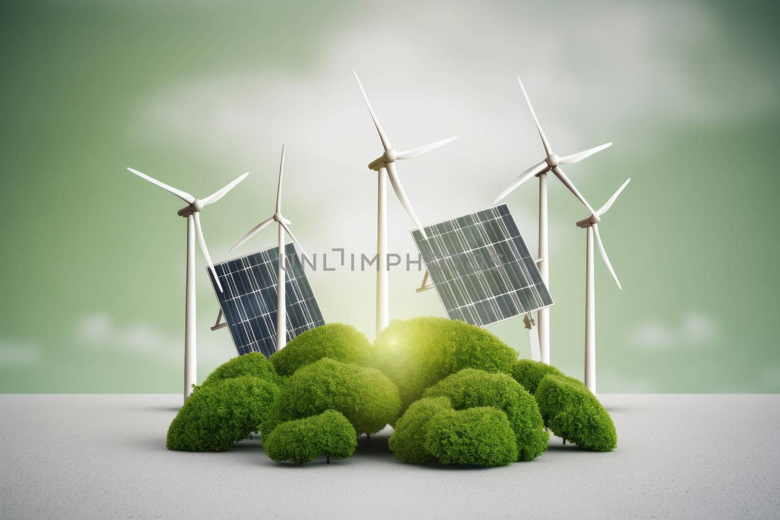 Windmills in a lush green grass field. Clean, renewable energy source promoting sustainability and eco-friendly living. Generative AI.