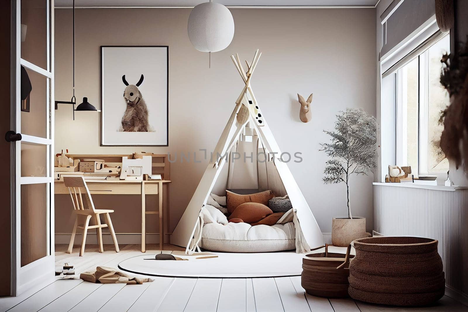 Scandinavian interior design of playroom with wooden cabinet, armchairs, Spacious child room with window, play tent, sack chair, poster mockup, Generative AI