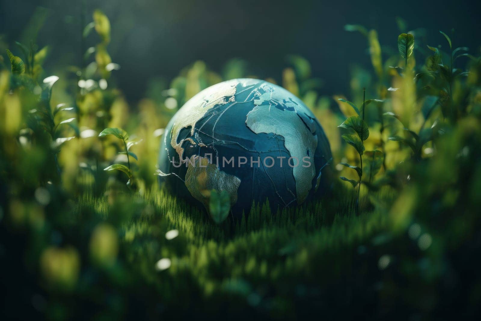 A beautiful glass globe resting peacefully in a bed of lush greenery, representing the delicate balance of our environment. AI Generative