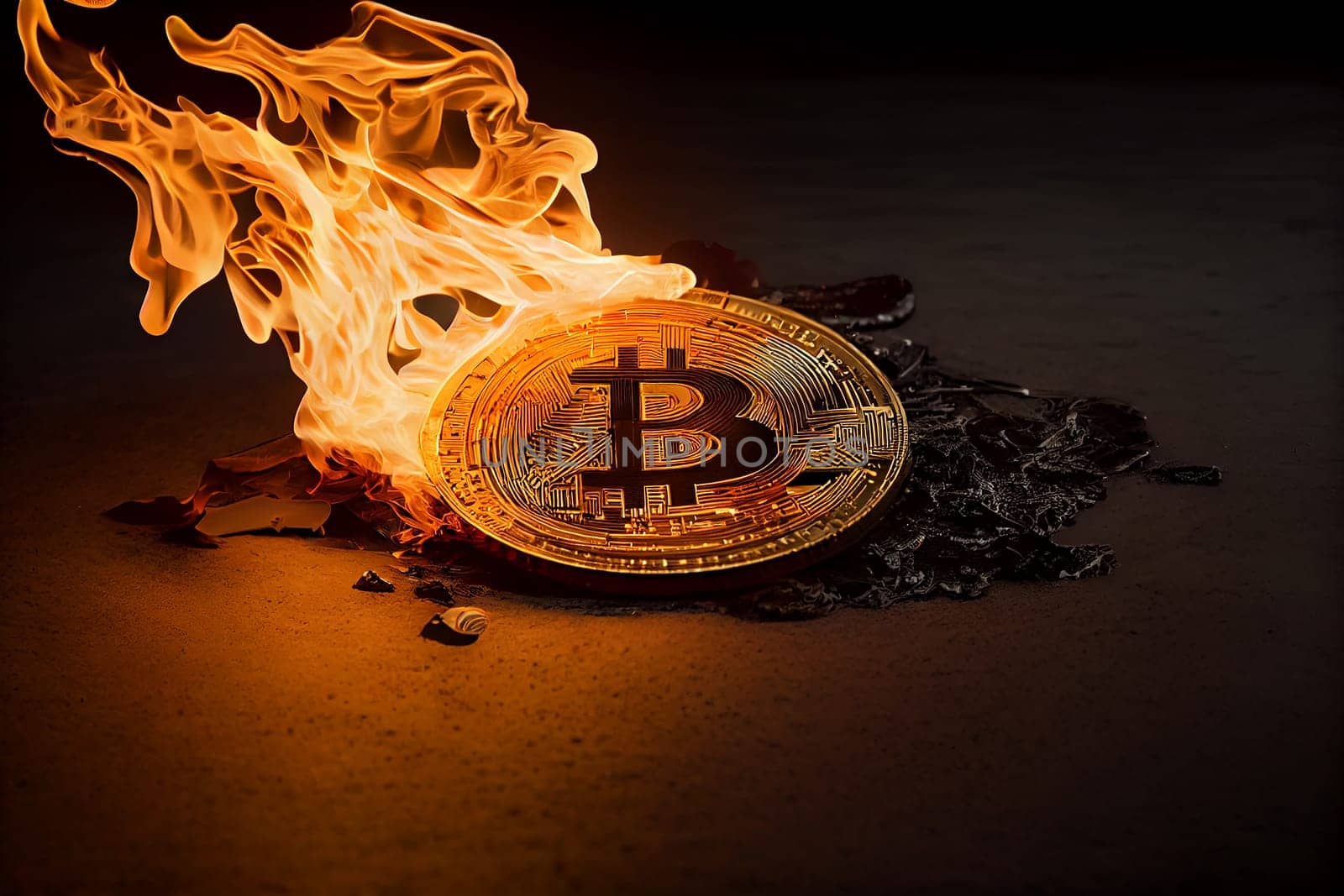Burning in fire golden bitcoin on black background, Bitcoin coin in flames, burn cryptocurrency bit coin money, crash and blockchain bubble, Generative AI