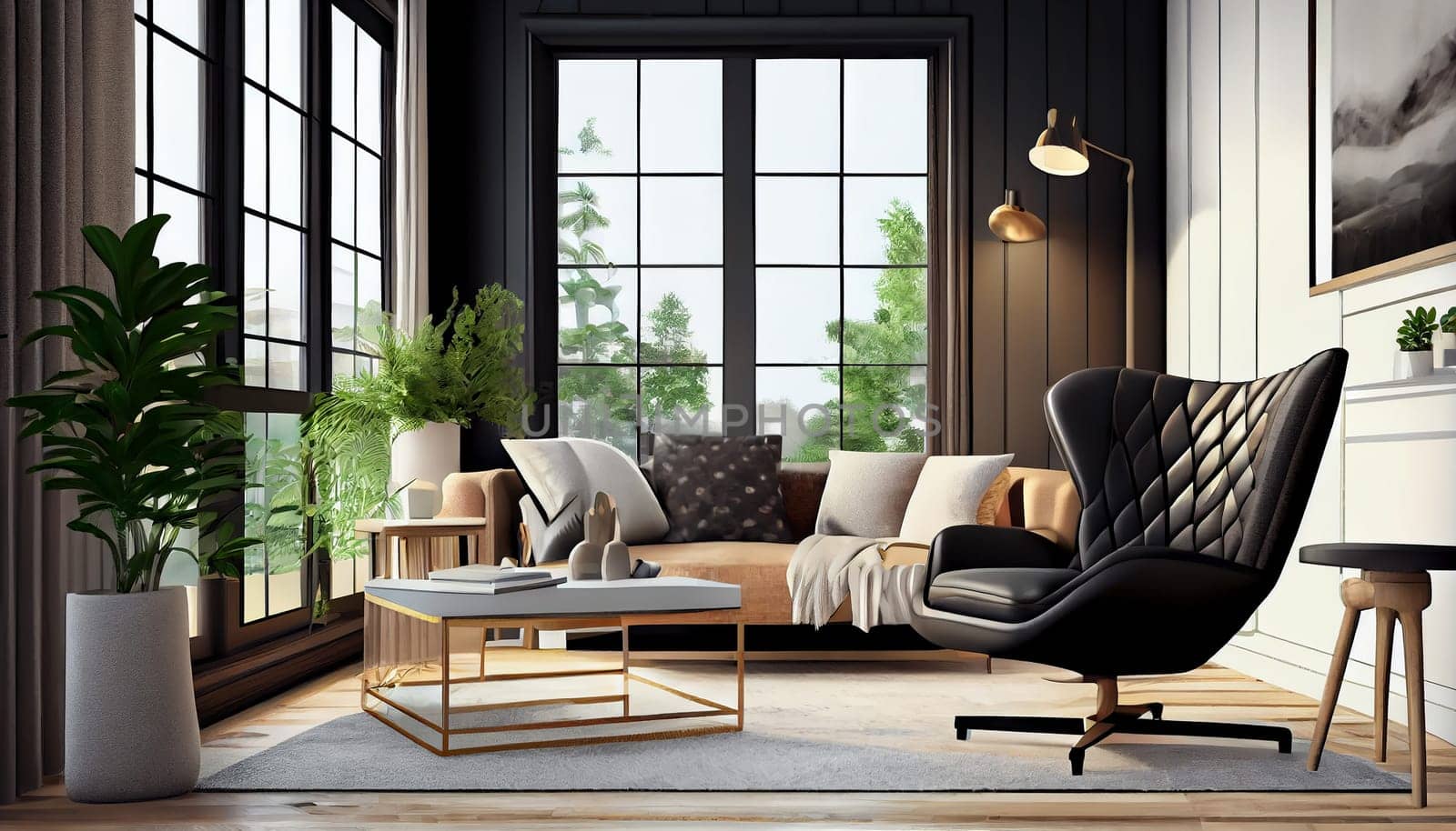 Modern stylish interior design with armchair sofa furniture in living room at home, lifestyle living room design, empty nobody, 3D render illustration by Generative AI