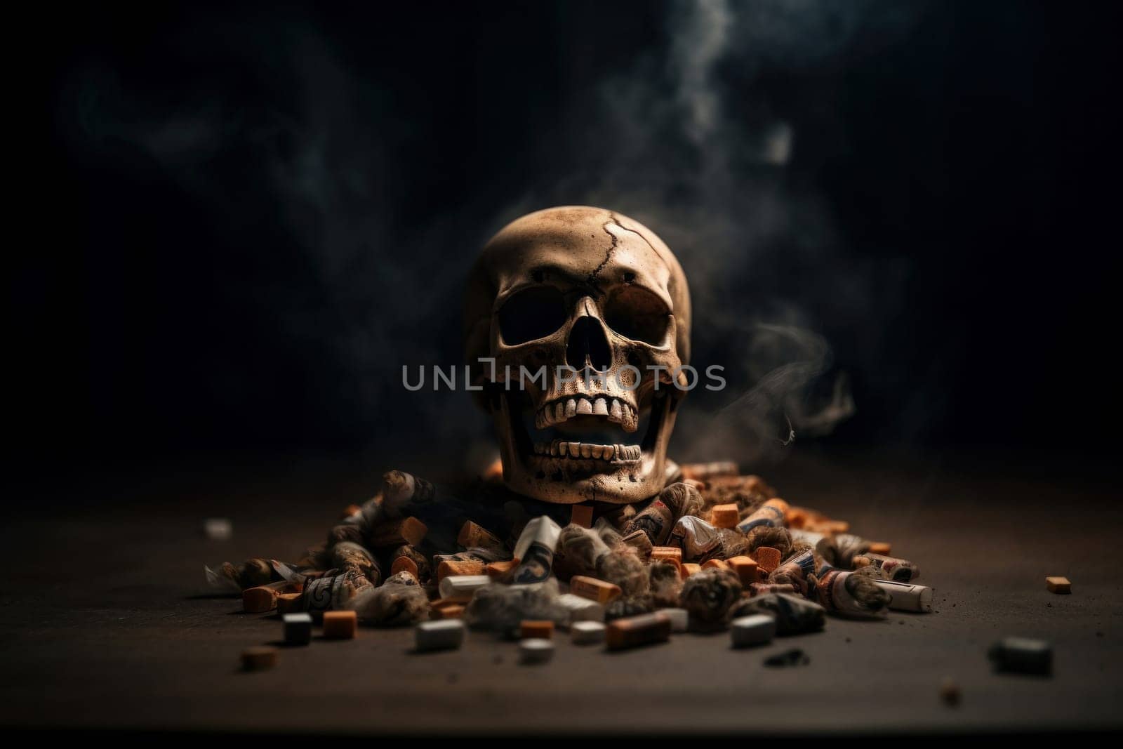 An illustration of a skull surrounded by smoke and cigarettes, reminding us of the dangers of smoking and the importance of quitting. Health and addiction concept. AI Generative