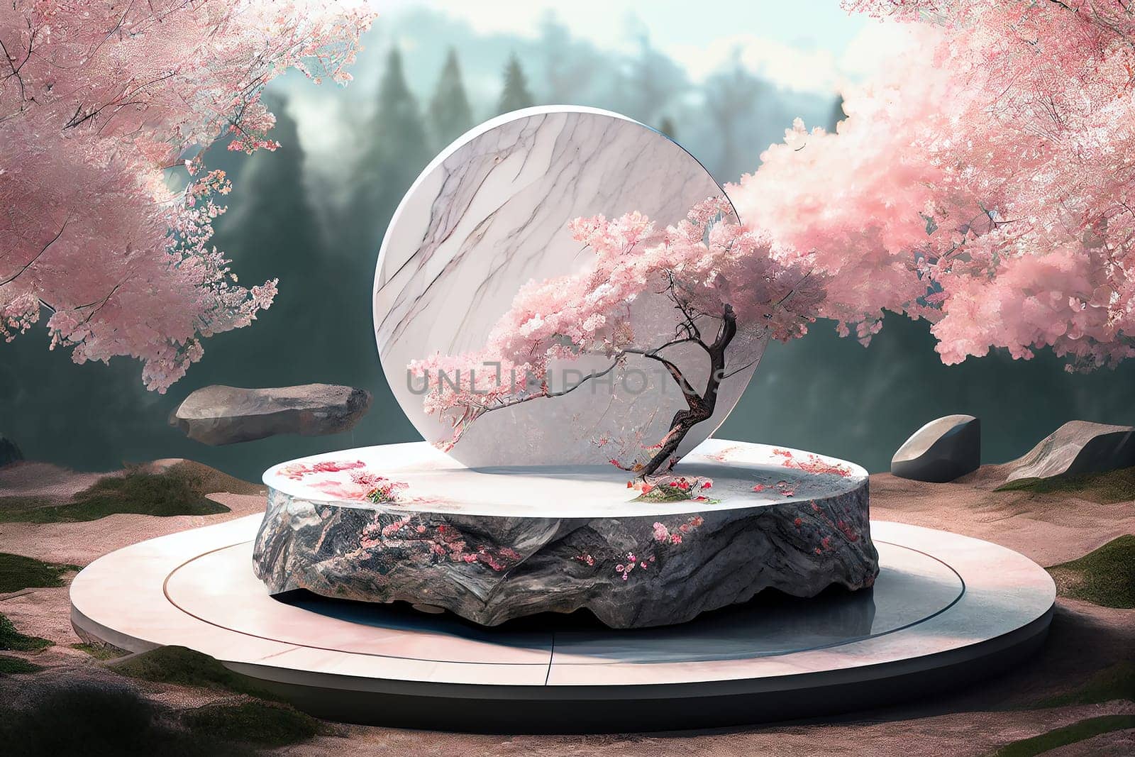 Cylinder podiums mockup with branch of gentle sakura flowers for geometric modern style for japanese style presentation cosmetic products, Generative AI